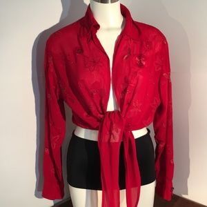 Chico's Red Tie-Front Embroidered Blouse